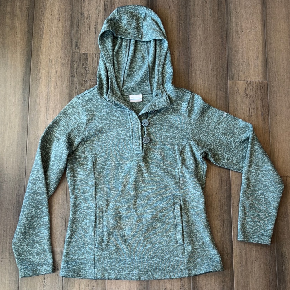 Columbia Heathered Green- light blue Hooded Henley Pullover